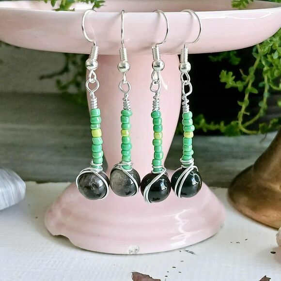 Boho Chic Black Obsidian Crystal Dangle Earrings, OOAK Jewelry 2" - Picture 1 of 4